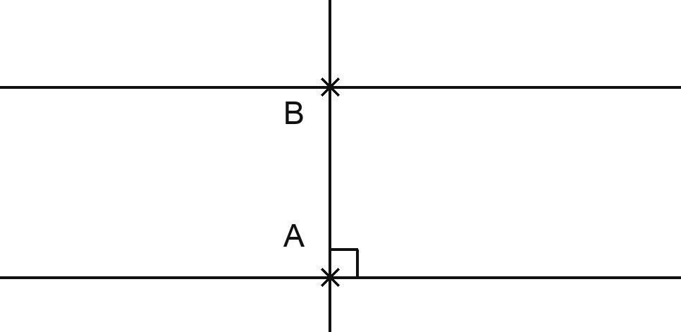 Une droite horizontale nommée (d) traverse la figure. Un point A est placé dessus. Une droite verticale (d'), perpendiculaire à (d), passe par A ; l'angle droit est codé par un petit carré. Un point B est placé sur (d') au-dessus de A. Une troisième droite horizontale, parallèle à (d), passe par B.