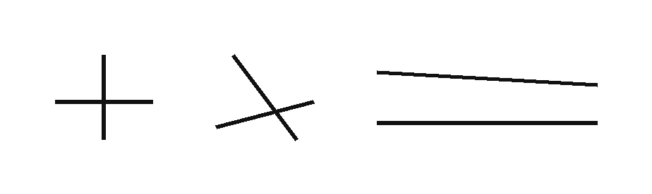 Trois paires de traits droits, courts, côte à côte. À gauche, la première paire forme un angle droit. Au milieu, la deuxième paire se croise en formant un angle nettement différent d'un angle droit. À droite, la troisième paire est faite de deux traits presque parallèles, plus écartés à gauche qu'à droite. Aucun angle n'est codé et aucune mesure n'est écrite.